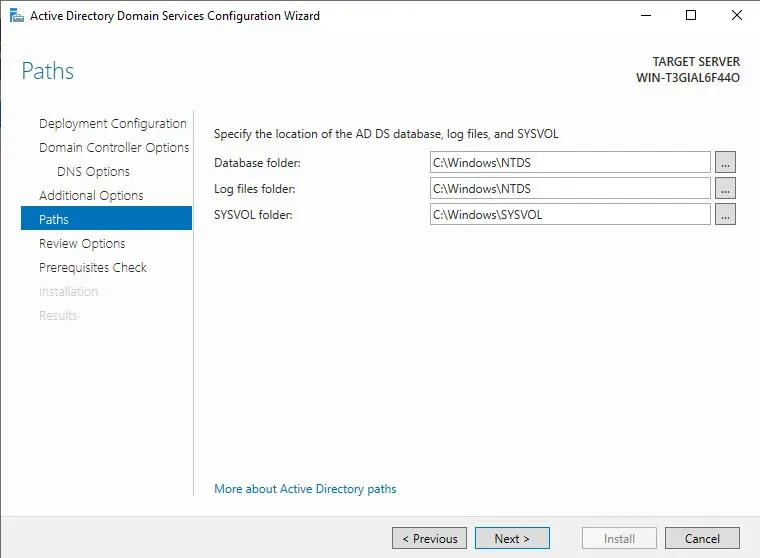 Storage Location for AD DS Database, Log Files, SYSVOL